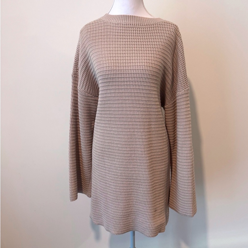 Waffle Knit Sweater Dress Bell Sleeve Oatmeal Mini Commense S